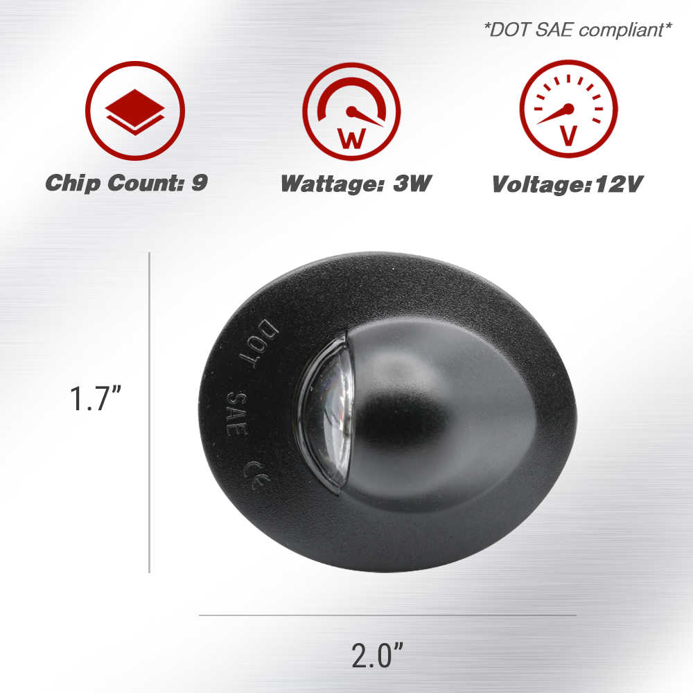 A black oval automotive light with a clear lens, shown on a light gray brushed background with feature icons and dimensions labeled 1.7 inches height and 2.0 inches weight.