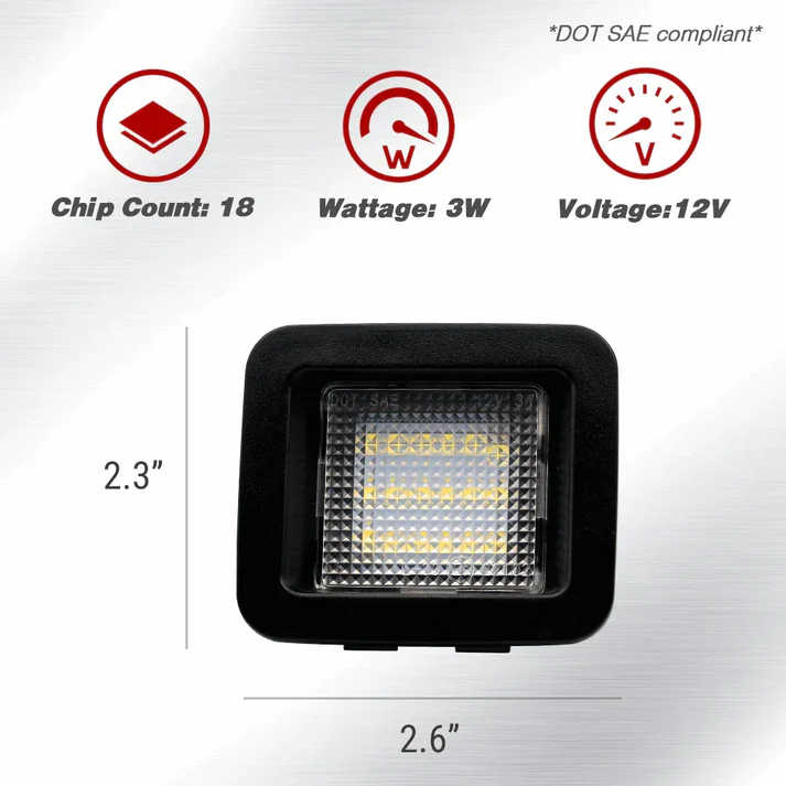 A small rectangular LED light fixture shown on a brushed metal background with informational icons and dimensions above it. The product is black with a clear front lens and visible yellow LED elements inside.
