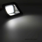 A square black LED wall light casting a bright white light onto a dark surface, with the text 'WHITE LED LIGHT' in the bottom right corner.