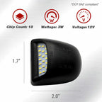 A black automotive LED marker light shown on a brushed metal background with feature icons and dimensions labeled 1.7 inches height and 2.