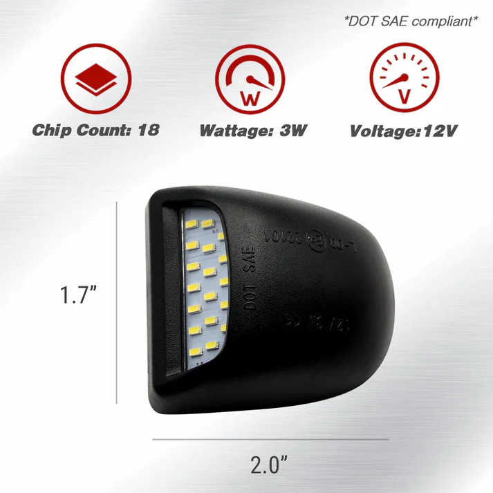 A black automotive LED marker light shown on a brushed metal background with feature icons and dimensions labeled 1.7 inches height and 2.