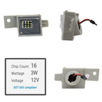 A 12V 3W LED license plate light shown from multiple angles on a white background, with a specification label indicating 16 chip count, 3W wattage, 12V voltage, and DOT SAE compliance.