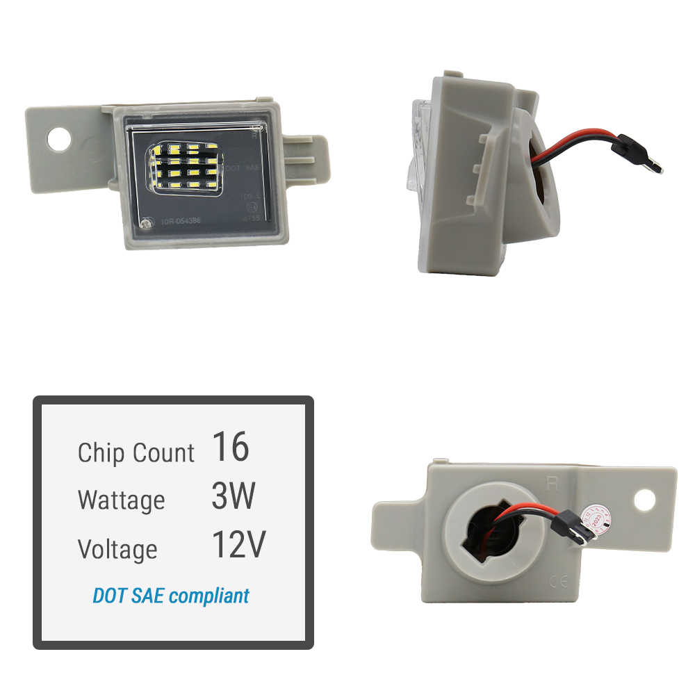 A 12V 3W LED license plate light shown from multiple angles on a white background, with a specification label indicating 16 chip count, 3W wattage, 12V voltage, and DOT SAE compliance.