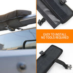 Black car roof rack accessory with padded fabric and plastic buckle hardware, shown installed on a vehicle and in close-up detail shots. An orange text panel says 'EASY TO INSTALL NO TOOLS REQUIRED'.