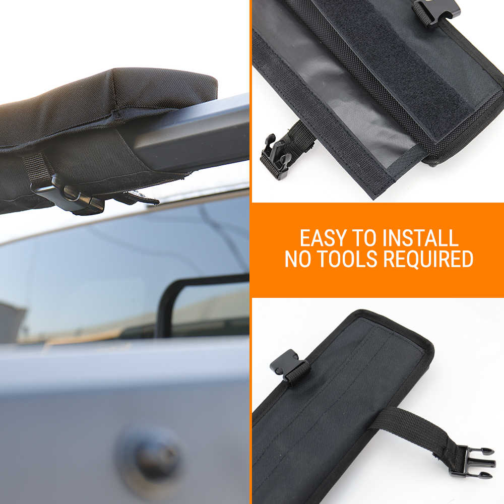 Black car roof rack accessory with padded fabric and plastic buckle hardware, shown installed on a vehicle and in close-up detail shots. An orange text panel says 'EASY TO INSTALL NO TOOLS REQUIRED'.