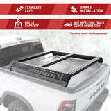 Stainless steel truck bed rack on a white truck with features highlighted.