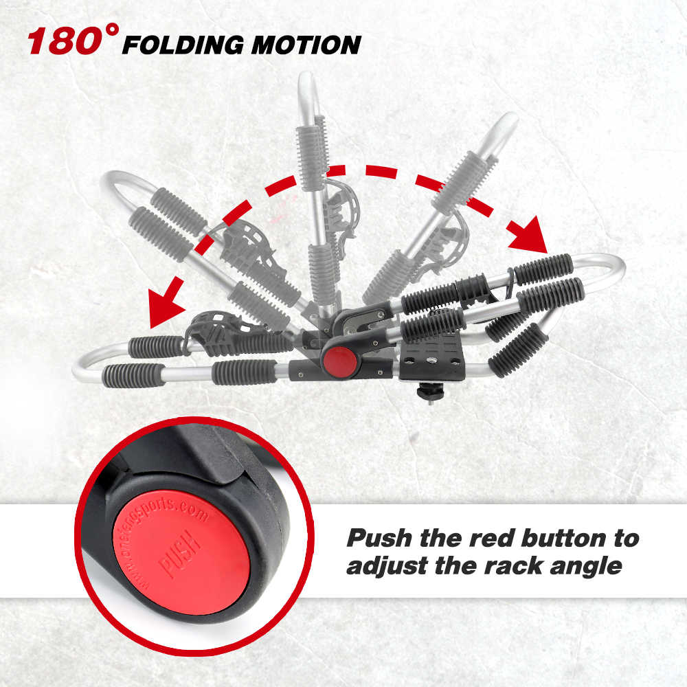 Adjustable bicycle rack with red button angle adjustment callout and '180° FOLDING MOTION' text on a light textured background.