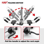 Adjustable bicycle rack diagram showing a 180-degree folding motion, with red arrows indicating the angle adjustment and inset close-ups of the handle adjustment mechanism.