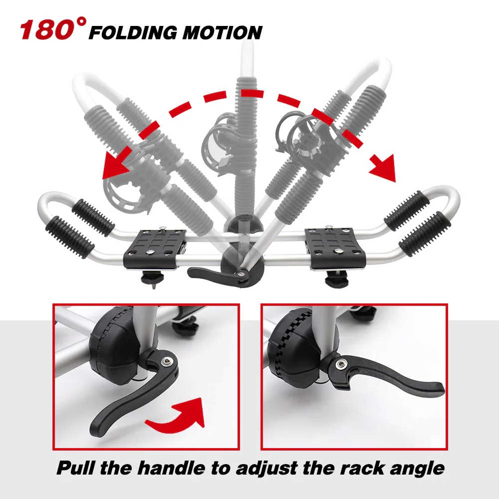 Adjustable bicycle rack diagram showing a 180-degree folding motion, with red arrows indicating the angle adjustment and inset close-ups of the handle adjustment mechanism.