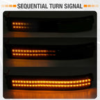 Three stacked views of a curved automotive LED turn signal light labeled 'SEQUENTIAL TURN SIGNAL,' showing the amber light bar illuminated in three sequential states against a dark background.