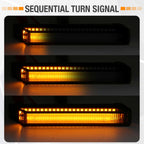 Three stacked panels showing a rectangular amber LED turn signal light labeled 'SEQUENTIAL TURN SIGNAL,' with the light cycling through dark, bright amber, and fully illuminated states on a dark background.