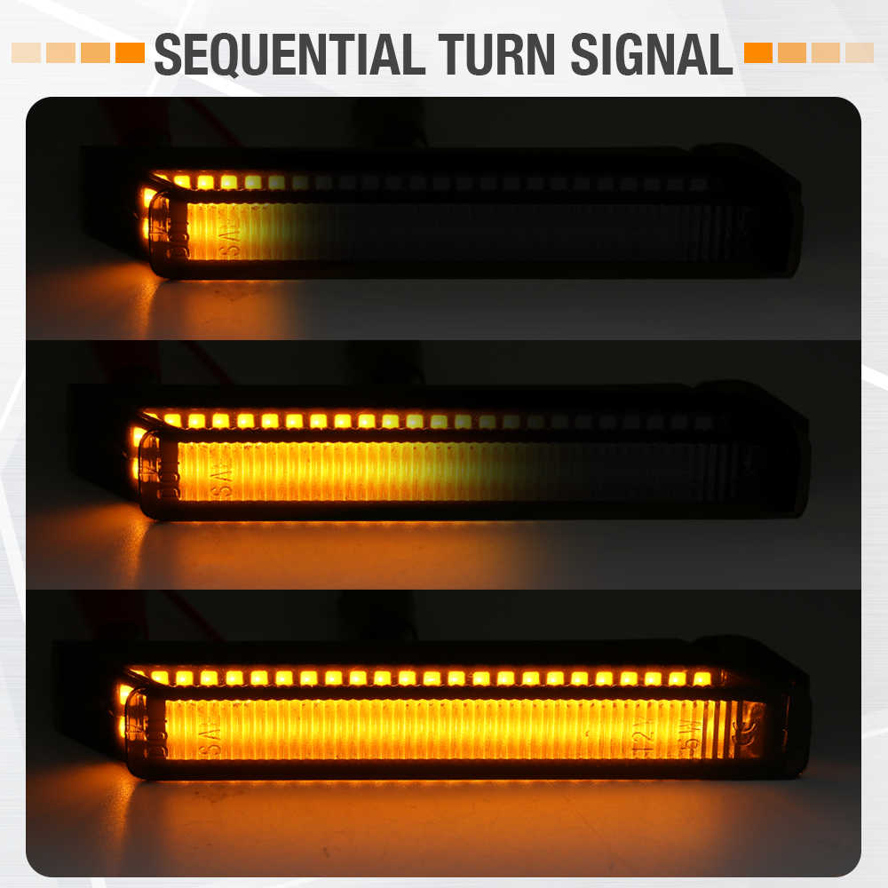 Three stacked panels showing a rectangular amber LED turn signal light labeled 'SEQUENTIAL TURN SIGNAL,' with the light cycling through dark, bright amber, and fully illuminated states on a dark background.