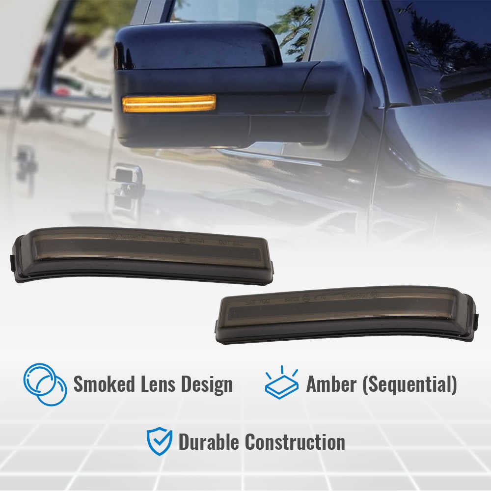 A pair of smoked amber side marker lights shown against a faded vehicle background, with text callouts reading 'Smoked Lens Design,' 'Amber (Sequential),' and 'Durable Construction.'.