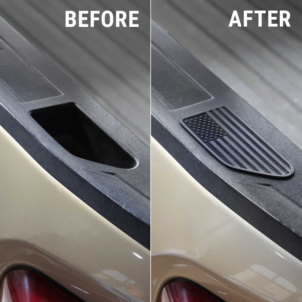 A side-by-side before and after comparison showing a black rubber lip protector or trim piece applied to the rear side of a vehicle. The left 'BEFORE' side shows the bare surface with a dark recessed slot.
