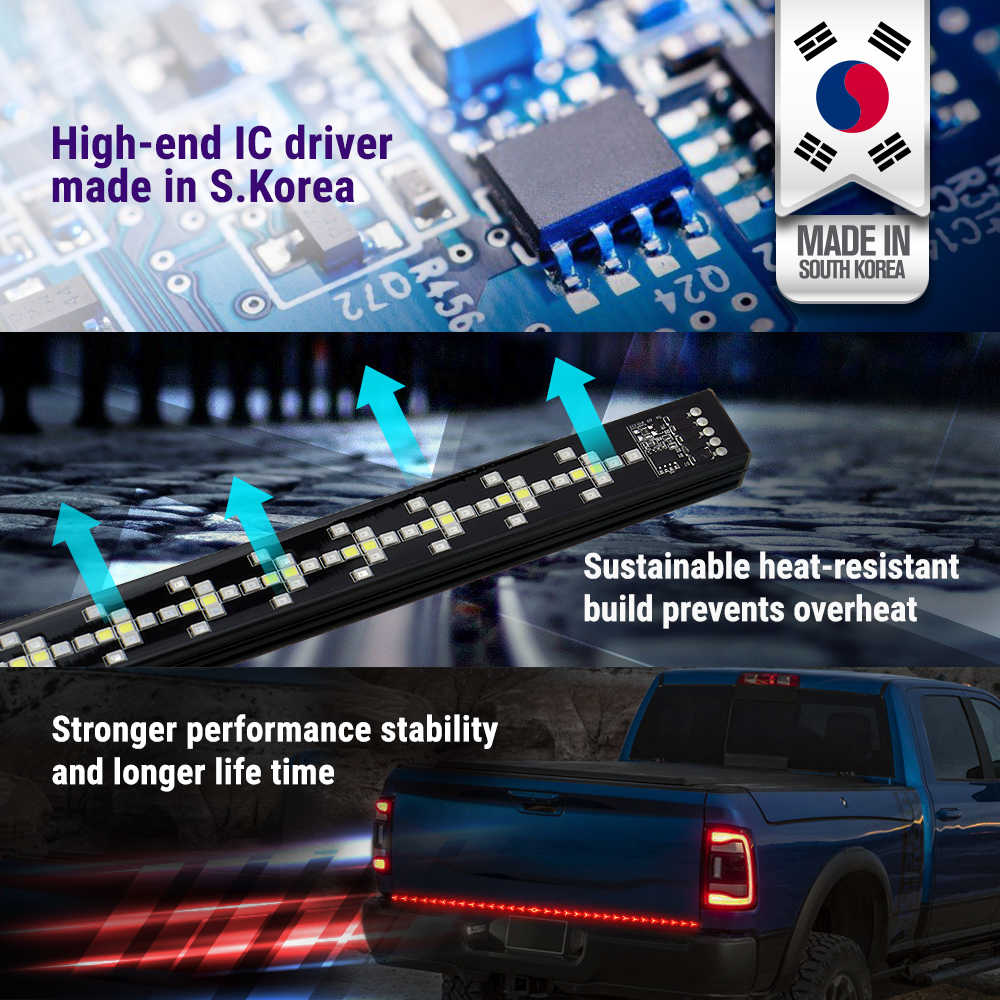 A promotional graphic for a black LED tail light strip shown installed on the rear of a blue pickup truck. The image includes text callouts about high-end IC driver made in South Korea, sustainable heat-resistant build, and stronger performance stability, plus a 'Made in South Korea' badge and a close-up of the light strip.