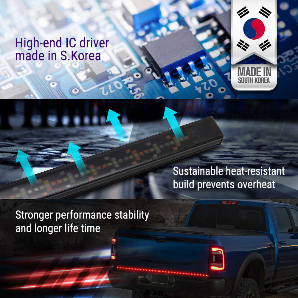 Promotional graphic for a high-end IC driver module made in South Korea, showing the black rectangular chip on a blue circuit board, a 'Made in South Korea' flag badge, heat resistance benefits with arrows, and a blue pickup truck with illuminated red taillights.