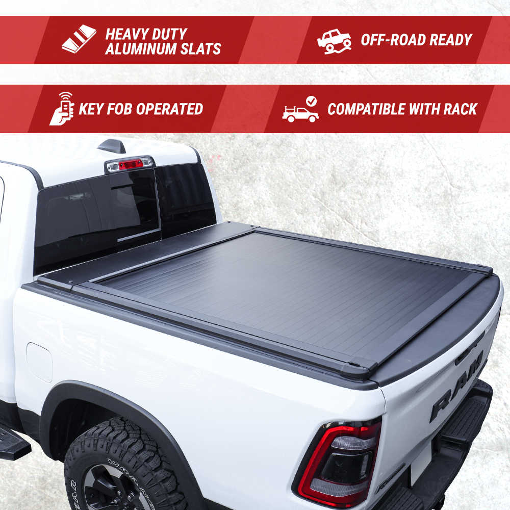 Truck bed cover with features highlighted on a white background