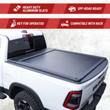 Truck bed cover with features highlighted on a white background