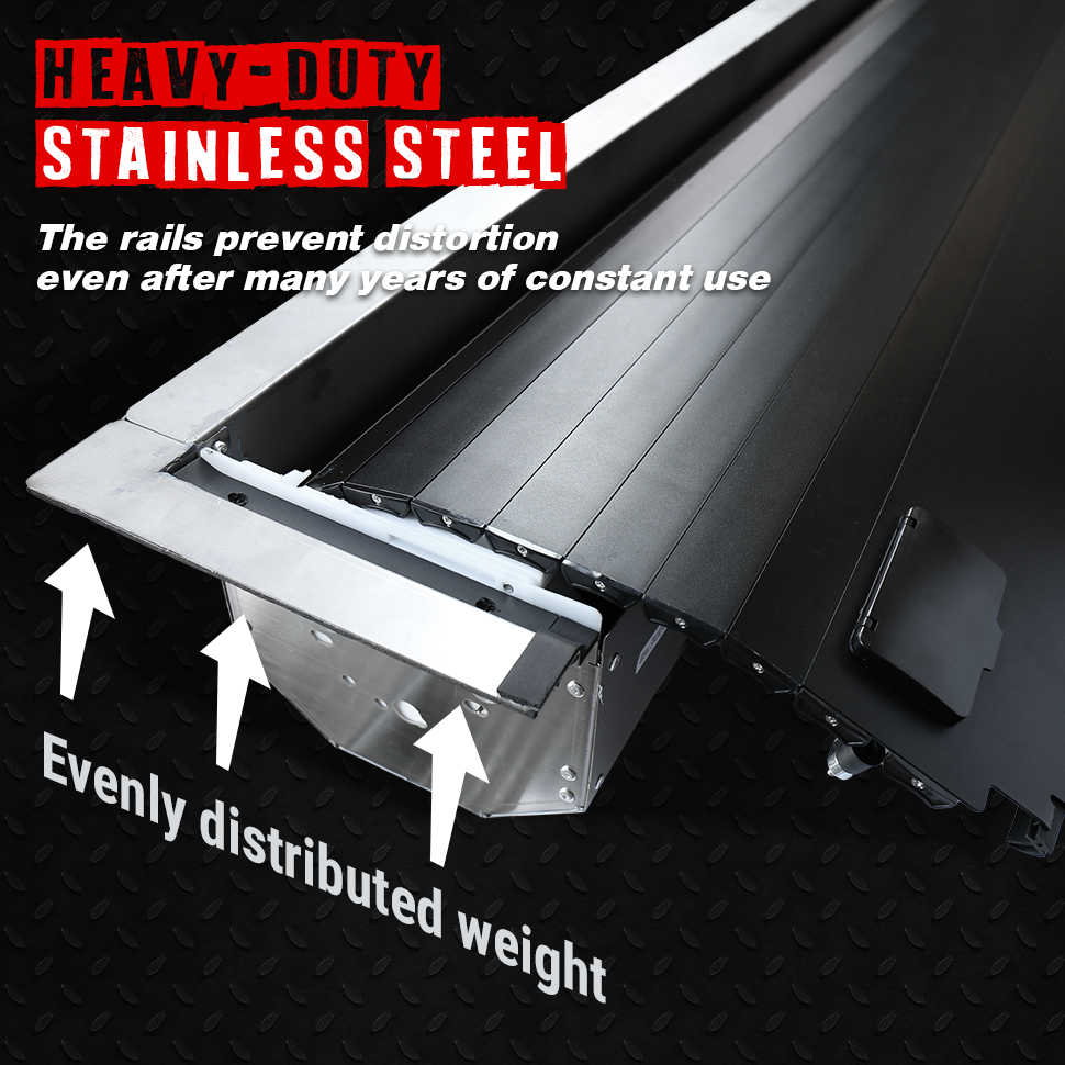 Heavy-duty stainless steel rail system with text highlighting features on a black background