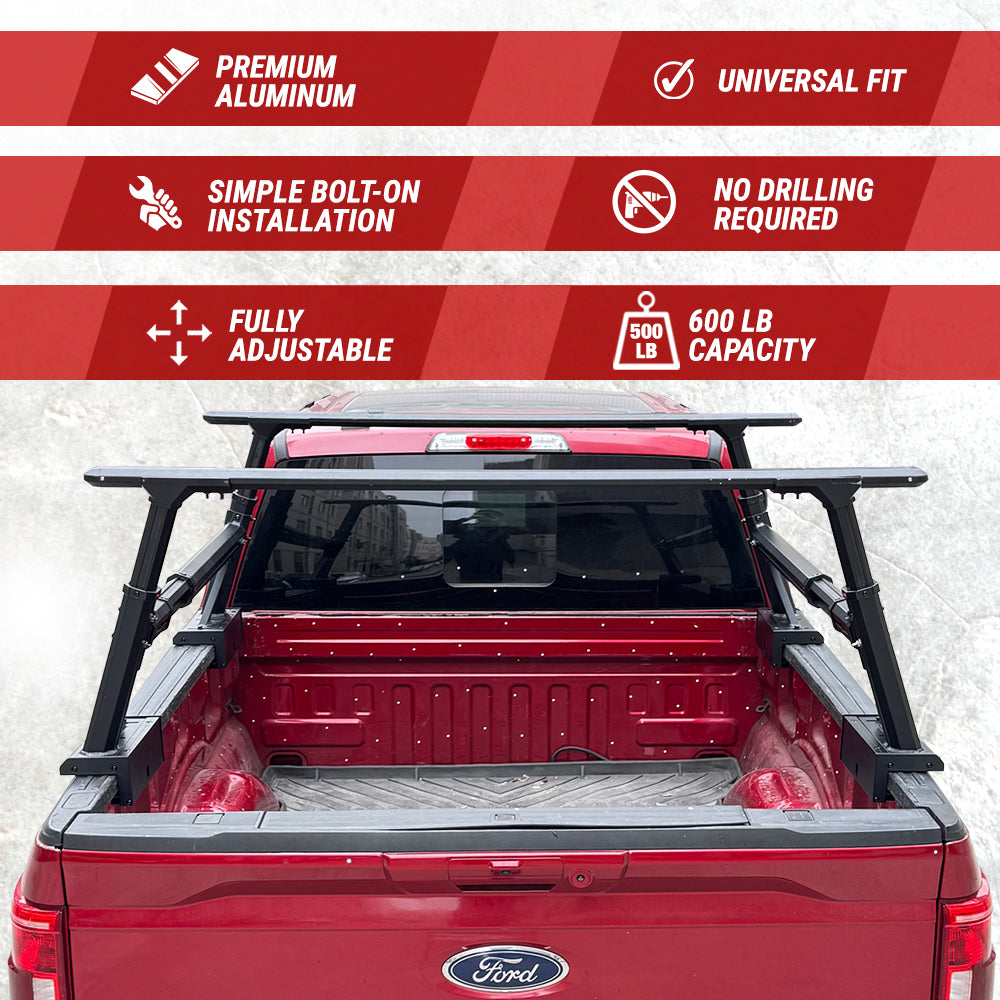 Bolt-On Universal Aluminum Fully Adjustable Truck Bed Ladder Rack