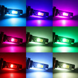 LED light bulb showing color-changing effect on a grid of colored backgrounds.