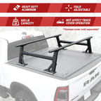 Heavy-duty aluminum truck bed rack on a white truck with features highlighted.