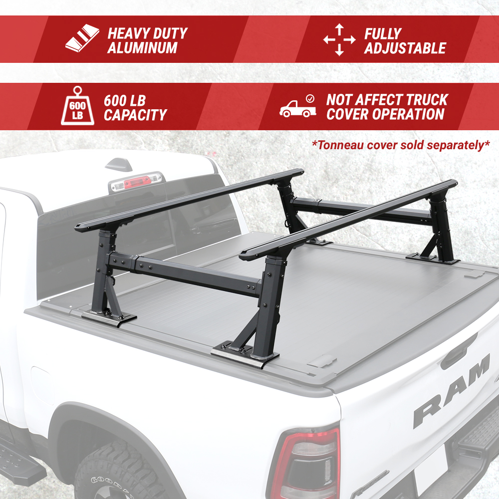 Heavy-duty aluminum truck bed rack on a white truck with features highlighted.