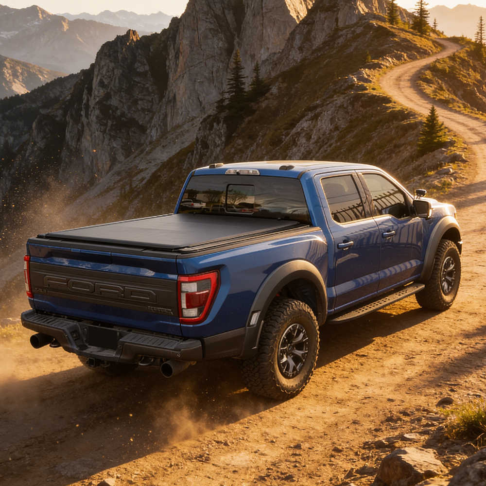 Blue Ford truck driving on a dirt road with mountains in the background