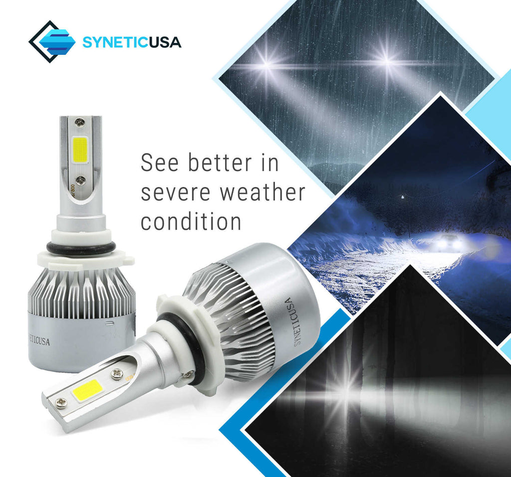 SYNETICUSA car light bulbs with text 'See better in severe weather condition' and images of lights in various conditions.