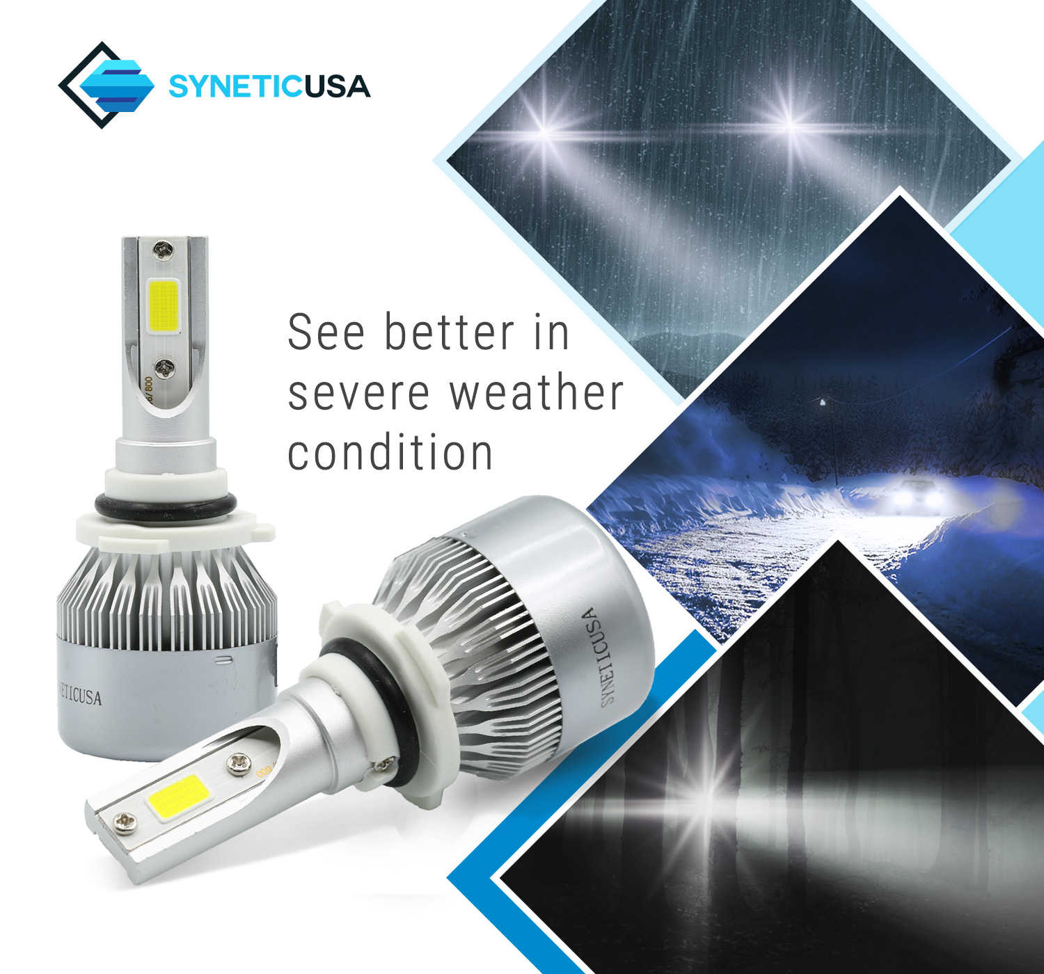 SYNETICUSA car light bulbs with text 'See better in severe weather condition' and images of lights in various conditions.