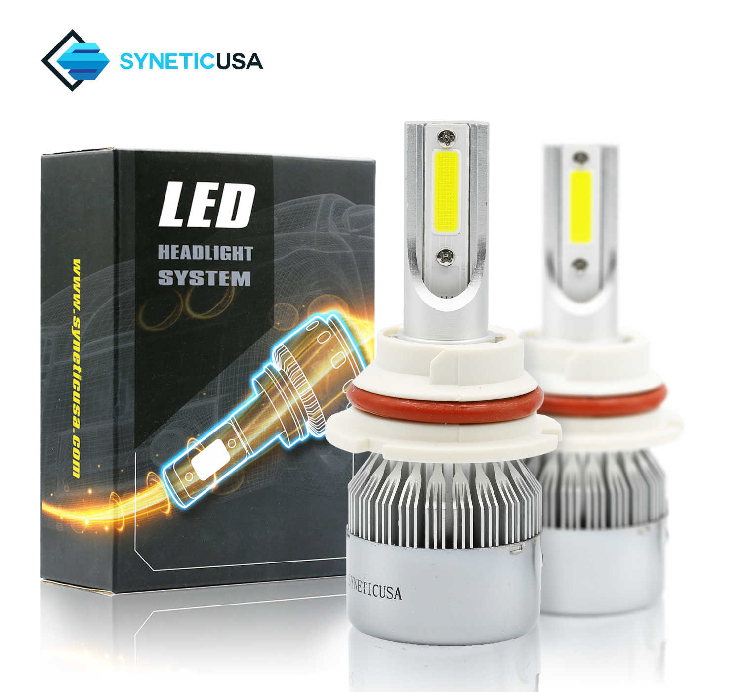 SYNETICUSA LED headlight system with packaging on a white background