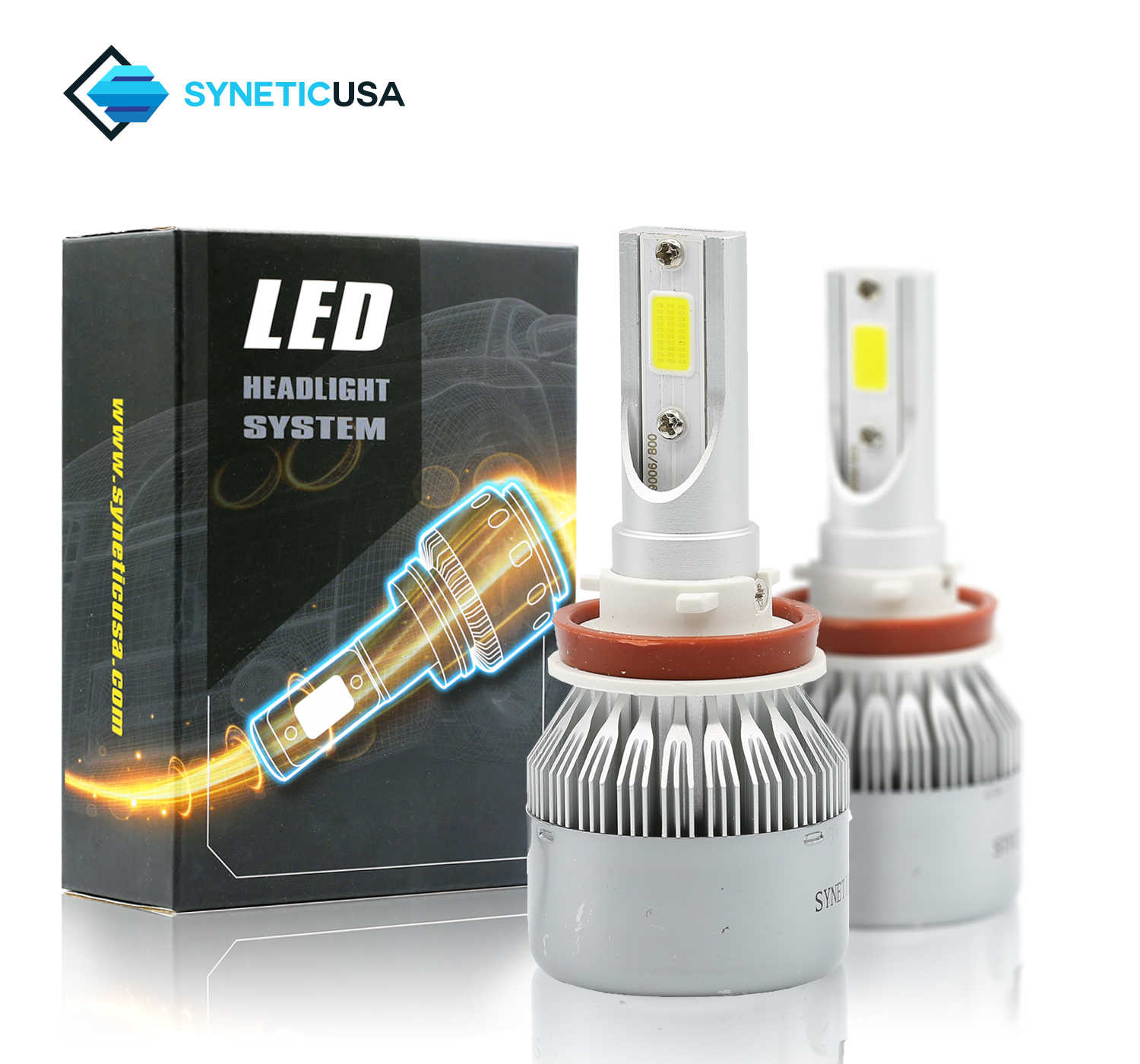 SYNETICUSA LED headlight system with packaging on a white background