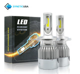 SYNETICUSA LED headlight system packaging with two silver LED bulbs on a white background