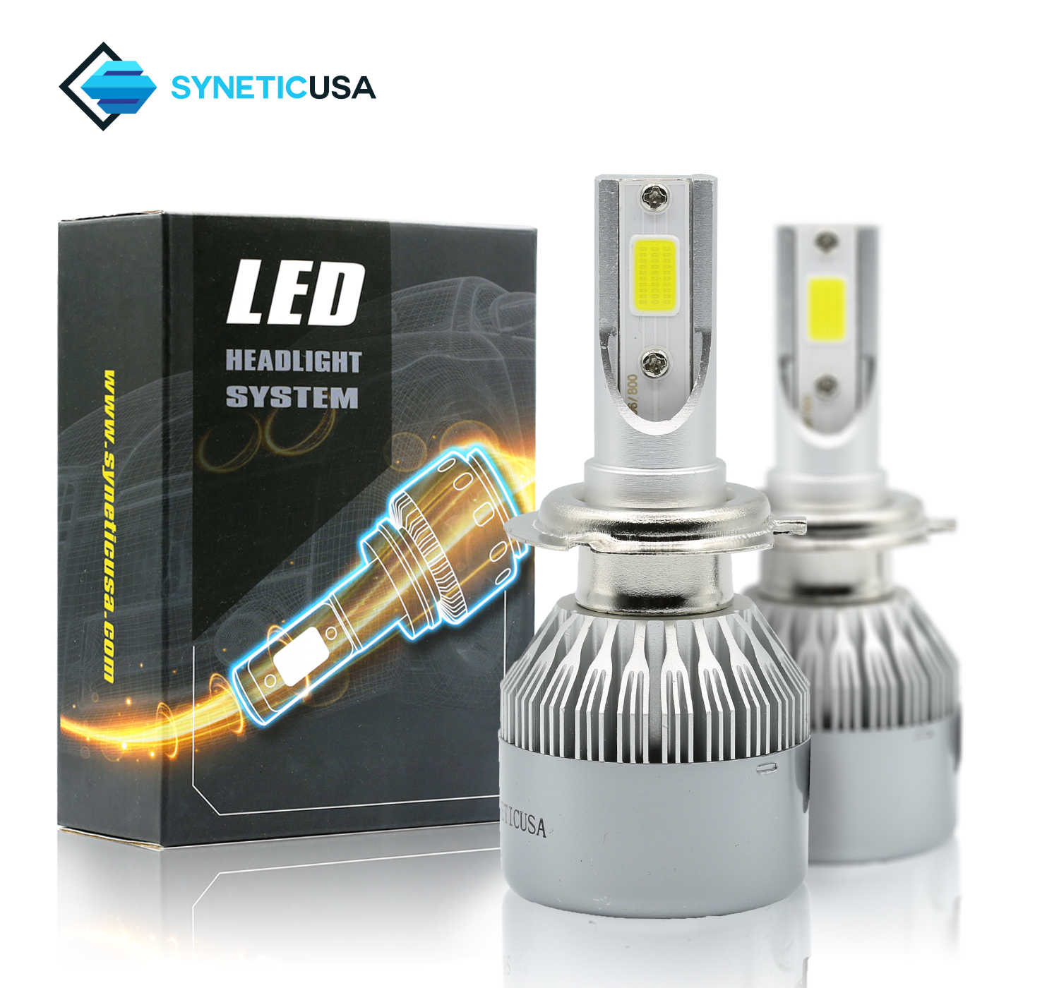 SYNETICUSA LED headlight system with packaging on a white background