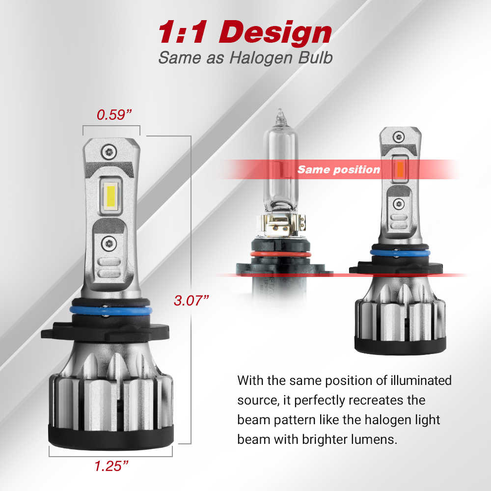 Comparison of LED car light bulbs with halogen bulb, showing dimensions and design similarities.