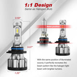 Comparison of LED car light bulbs with halogen bulb, showing dimensions and design similarities.