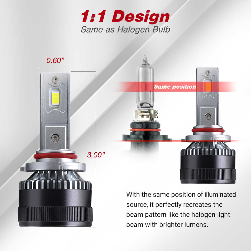 Comparison of LED car light bulb design with halogen bulb, showing dimensions and beam pattern.