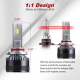 Comparison of LED car light bulb design with halogen bulb, showing dimensions and beam pattern.