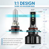 Comparison of two car headlight bulbs with measurements and text on a white background