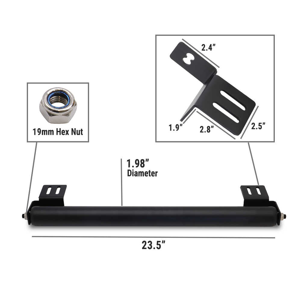 Black metal component with measurements and a 19mm hex nut on a white background