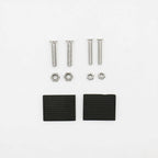 A hardware accessory kit containing four silver metal screws, four hex nuts, and two textured black rectangular pads, arranged neatly on a clean white background.