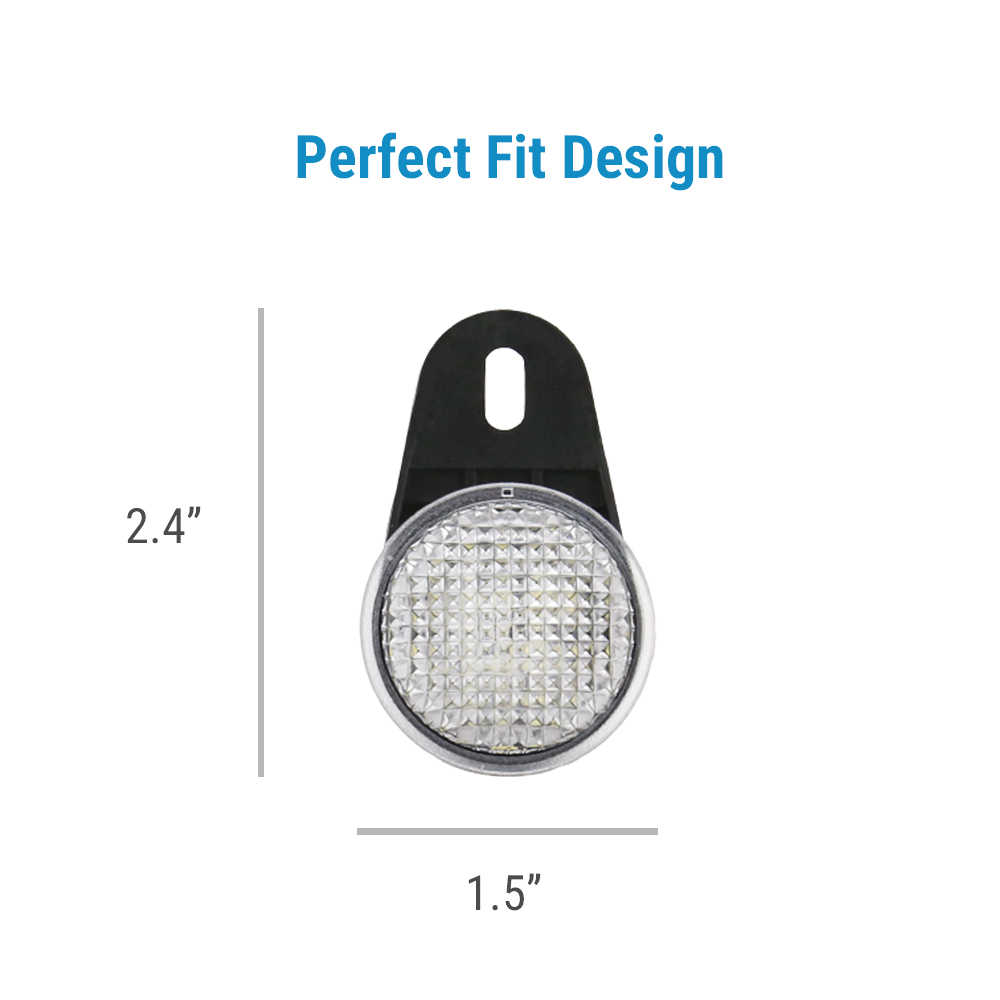 A small round LED light with a black mounting tab, shown on a white background with dimension lines and the text 'Perfect Fit Design' above it. The light is labeled as 2.4" x 1.5".