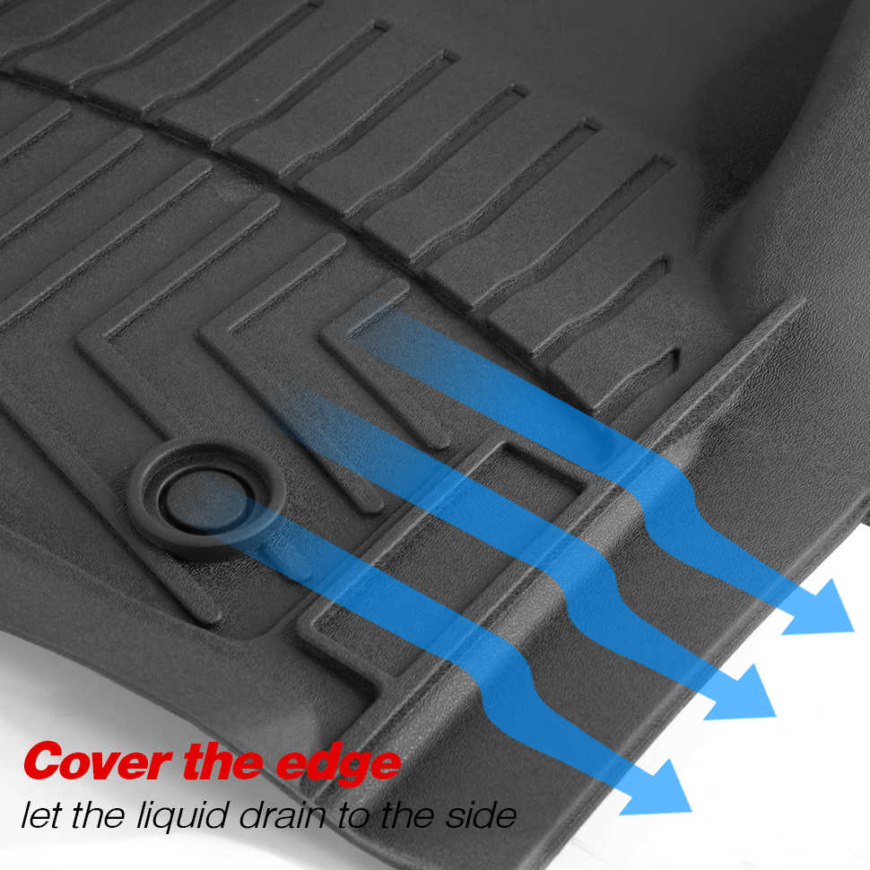 Black rubber car floor mat shown close-up with blue arrows and text reading 'Cover the edge let the liquid drain to the side' to illustrate drainage.