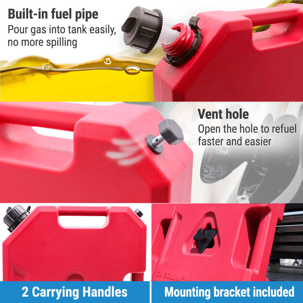 Red portable fuel can with built-in pipe, vent hole, dual handles, and mounting bracket for easy refueling