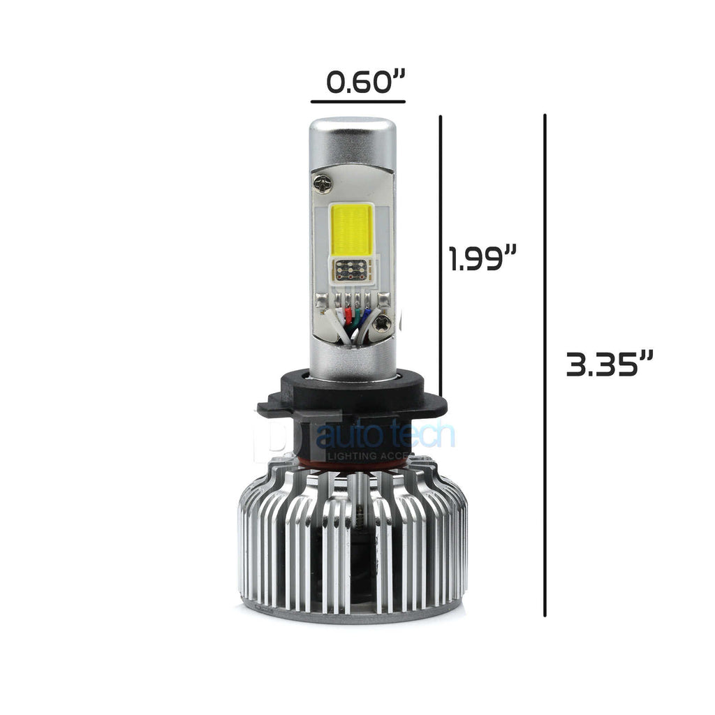 cob rgb headlight bulb with dimensions labeled on a white background