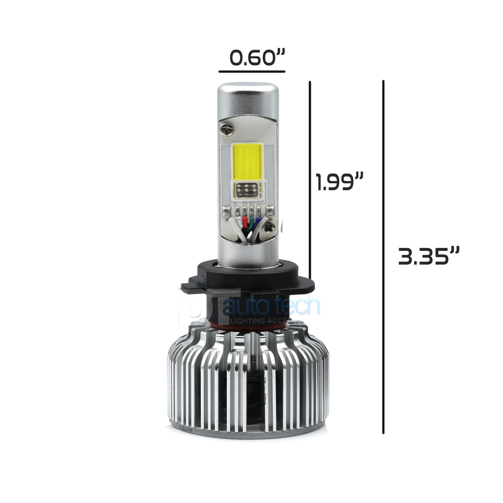 cob rgb headlight bulb with dimensions labeled on a white background
