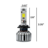 cob rgb headlight bulb with dimensions labeled on a white background