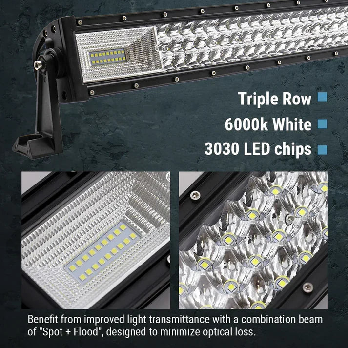 A long black LED work light bar shown on a dark textured background with feature callouts: 'Triple Row', '6000k White', and '3030 LED chips'. Two inset close-up panels show the internal LED chip layout and reflective lens design, with a text summary about improved light transmittance and spot + flood beam design.