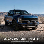 Ford truck in a desert landscape with text about expanding lighting setup.