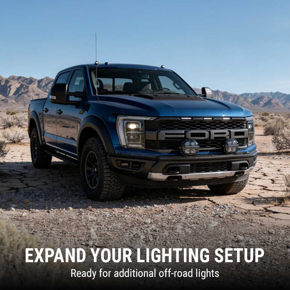 Ford truck in a desert landscape with text about expanding lighting setup.